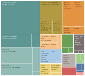 Community college awards graphic by program type, with different colors and squares representing the proportions